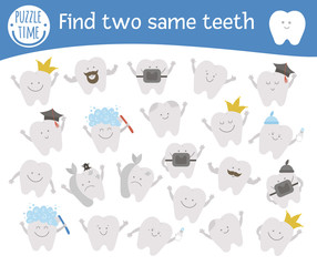 Find two same teeth. Dental care themed matching activity for preschool children with cute elements. Funny mouth hygiene game for kids. Logical printable worksheet with funny kawaii tooth..
