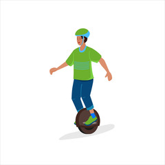 Boy is riding a one-wheel electric scooter. Flat cartoon vector isolated illustration. © Nataliia
