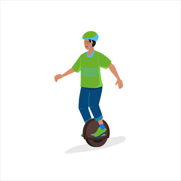 Boy is riding a one-wheel electric scooter. Flat cartoon vector isolated illustration.