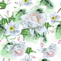 Bright seamless pattern with flowers. Watercolor illustration. Rose. Narcissus. Hand drawn.
