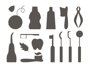 Tooth care tools vector silhouettes set. Collection of elements for cleaning teeth. Dentistry equipment isolated on white background. Toothpaste, brush, floss illustration. Dentist shadow icons pack.