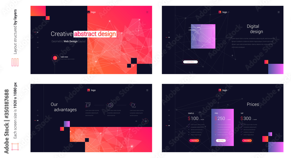 Poster digital abstract creative dark web design four screen template. stylish custom and individual set of