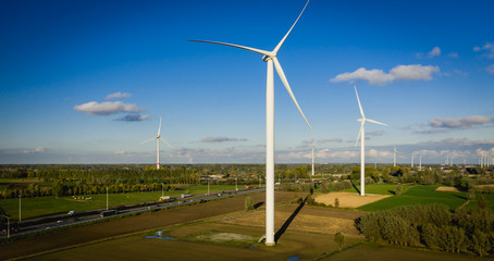 Wind turbine farm in Laarne, East Flanders, Belgium - aerial view