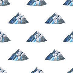Seamless pattern with grey and blue mountains isolated on white background. Watercolor gouache hand drawn illustration in cartoon realistic style. Concept of climbing, nature, hiking, skiing.