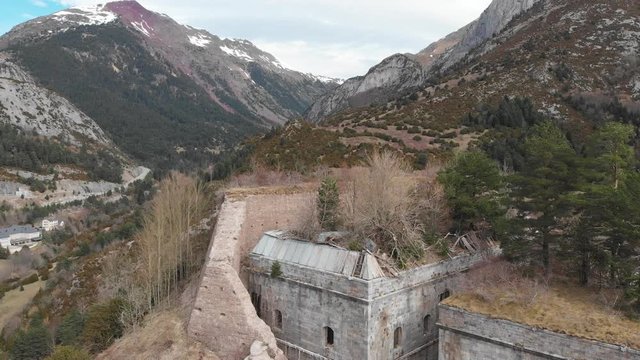 Aerial views of the fort of Coll de Ladrones, Canfranc, Huesca Spain. 4K video