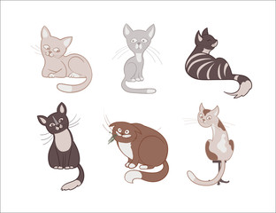 Vector illustration, set of cartoon cute cats on a white background.