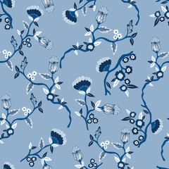 Blue Tree Branches with Flowers Vector Seamless Pattern