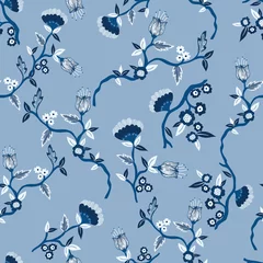 Fototapete Blau weiß Blaue Baumaste mit Blumen-Vektor-nahtlosem Muster