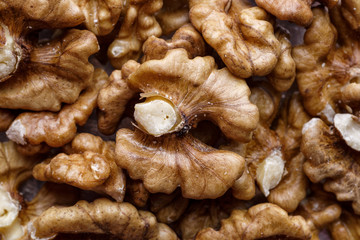 Peeled Raw Walnuts. Fresh organic Nuts. Raw nuts. Many delicious Walnuts as a food background.