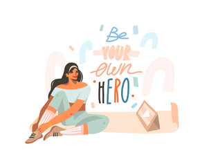 Hand drawn vector abstract stock graphic illustration with young happy female on mat and watching online training video on tablet computer and motivational lettering isolated on white background