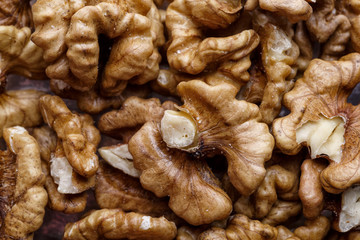 Peeled Raw Walnuts. Fresh organic Nuts. Raw nuts. Many delicious Walnuts as a food background.