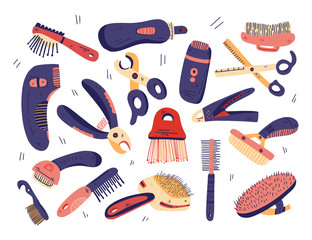 Flat grooming tools set vector. Dog and cat care equipment elements for pet shop, salon. Hand drawn illustration. Poster, sticker, card template, promo, coupon.