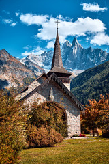 Landscape. Les Praz Church in Chamonix Valley. Alps, France.
