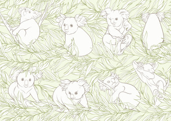 Koala bear seamless pattern. Colored vector illustration. On soft green background