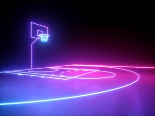 3d render, neon basketball field scheme angle side view, virtual sport playground, sportive game, pink violet blue glowing line. Isolated on black background.