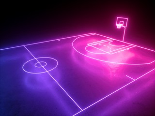 3d render, neon basketball field scheme angle side view, virtual sport playground, sportive game, pink violet blue glowing line. Isolated on black background.