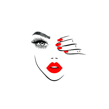 Woman hand with red manicure nails closing one eye, eyelashes mascara, perfect shape brows, logo beauty salon, hand drawn style, vector illustration.