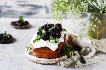 Cake with cream and blackberries on the plate on a gray background, still life
