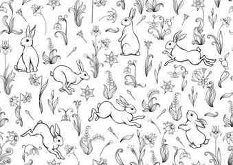 Seamless pattern, ackground with spring flowers and rabbits, hares. Colored vector illustration. Isolated on white background.