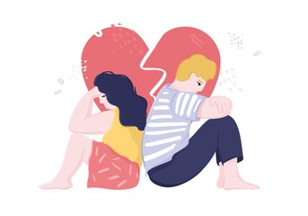 Man and a woman sit with their backs to each other against the background of a heart with a crack. Concept of discord in the family, divorce, toxic relationships, destroyed love. Vector illustration.