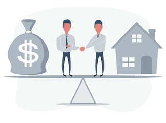 Business partners shaking hands as a symbol of unity. People standing on seesaw. Vector flat design illustration.