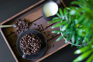 Top view of coffee at home scene. Milk, wooden surface, cup of coffee beans and succulent plants over wooden background. 