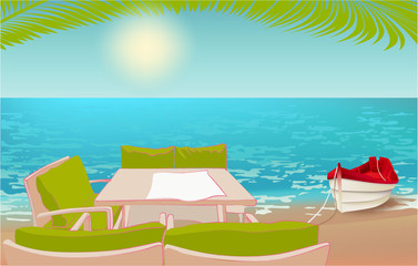 Beach cafe concept. Isometric illustration with beach view, boat and tables and chairs under the open sky, summer