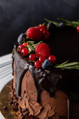 chocolate cake dessert with brown icing and fruits in rustic style