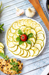 Baked, roasted, grill zucchini, squash round slices. Vegetables vegan healthy food