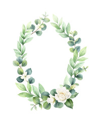 Watercolor vector hand painted wreath with green eucalyptus leaves and roses.