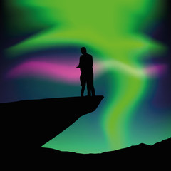 couple in love on a cliff silhouette with polar lights vector illustration EPS10