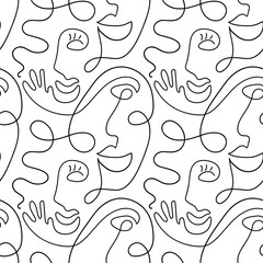 One line drawing abstract face seamless pattern. Modern minimalism art, aesthetic contour. Continuous line background with woman and man faces. Vector group of people