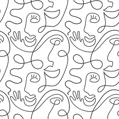 Foto op Plexiglas Lijnkunst Een lijntekening abstract gezicht naadloze patroon. Moderne minimalisme kunst, esthetische contour. Doorlopende lijnachtergrond met gezichten van vrouwen en mannen. Vector groep mensen