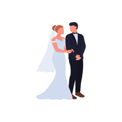 Bride and groom, wedding ceremony. artoon couple in love getting married, isolated on white background. Female character in fashion wedding dress and veil. Handsome man in suit. Vector illustration