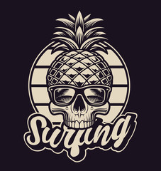 Black and white illustration with pineapple skull in vintage style.