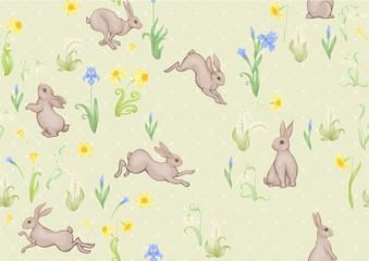 Seamless pattern, ackground with spring flowers and rabbits, hares. Colored vector illustration.
