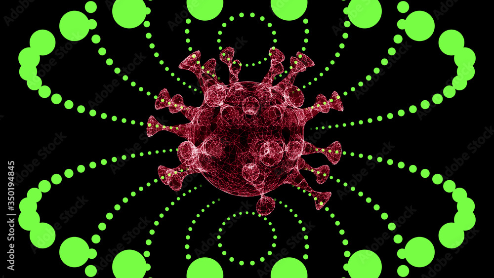 Poster 3d rendering of abstract red virus cell model floating through tunnel of electric green light dots.