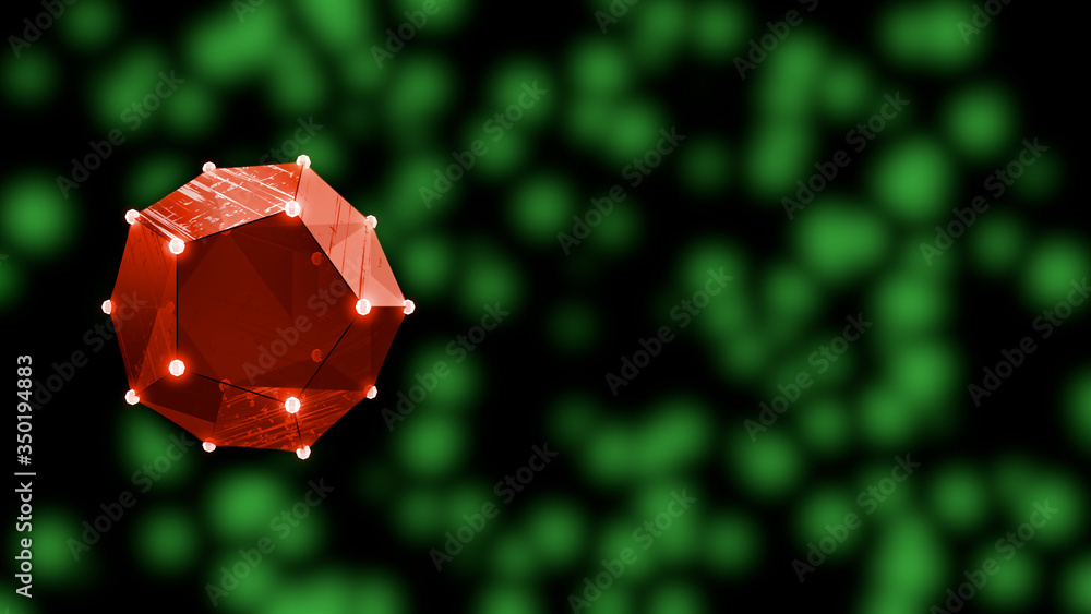 Poster a 3d render red low poly figure covered with a white net of dots floats over defocused green backgro