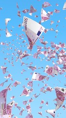 Flying euro banknotes against the sky background. Money is flying in the air. 500 EURO in color. 3D illustration
