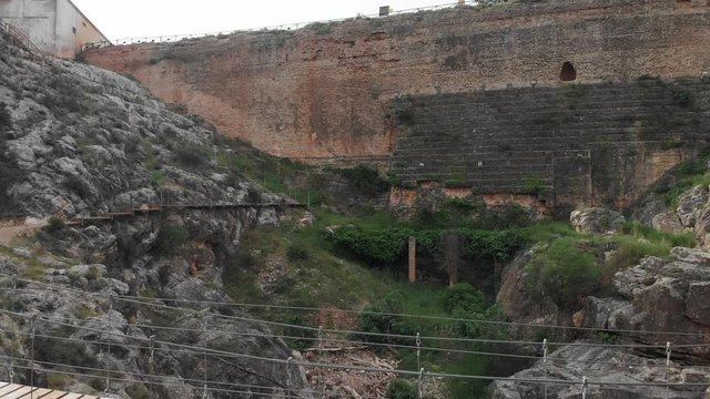 Roman construction. 1st century Roman dam in Spain, Almonacid de la Cuba, Zaragoza, aerial view drom 4K