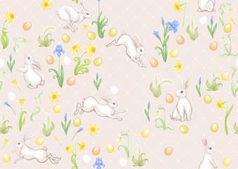Seamless pattern with a hares, colored eggs and spring flowers for easter. Colored vector illustration. In art nouveau style, vintage, old, retro style. On soft beige background.