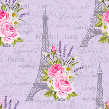 Seamless floral pattern with Eiffel towers on vintage postcard background. Vector illustration