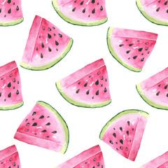 Fruity seamless  pattern with watercolor paint textured watermelon pieces.