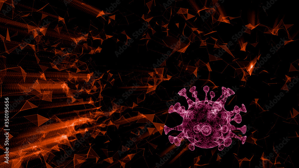 Poster a 3d render microscopic single cell in the environment of glowing red triangles network.