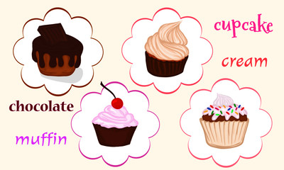 set of muffin cupcakes with chocolate icing cream cherry sweets dessert confectionery delicacy vector postcard illustration banner holiday element baking