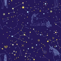 Wall murals Cosmos Beautiful endless texture with cosmic elements and contour blue unicorns on the blue background. Vector illustration