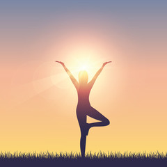 girl makes yoga on summer meadow at sunshine vector illustration EPS10