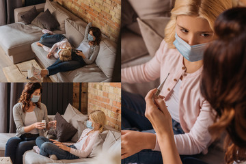 Collage of mother holding thermometer, pills and remote controller near daughter in medical mask and on couch