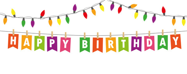 happy birthday party flags banner with fairy lights on white background vector illustration EPS10