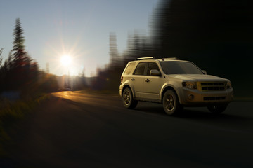 3D rendering of a SUV on motion at Mount Rainier National Park, Washington State, United States